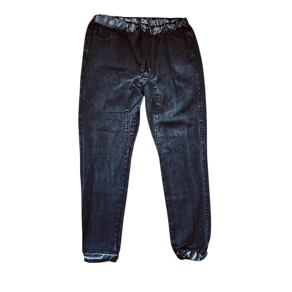 PD&C‎ Mens Dark Denim Black Faux Leather Jeans Joggers Streetwear Casual